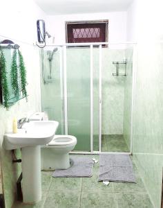 a bathroom with a shower and a toilet and a sink at Traveller's casa closer to highway in Homagama