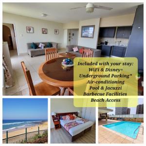 a collage of three pictures of a living room and a house at Upmarket Beach Flat, Free WiFi & DisneyPlus in Durban