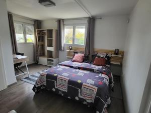 Schlafzimmer mit einem Bett, einem Schreibtisch und Fenstern in der Unterkunft Appartement 2 pièces près du lac de Bouzey in Sanchey