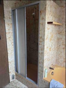 um chuveiro com uma porta de vidro na casa de banho em Galeriehaus em Münnerstadt