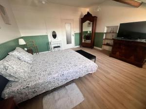um quarto com uma cama e uma televisão de ecrã plano em Maison au pied des Vignes em Vosne-Romanée