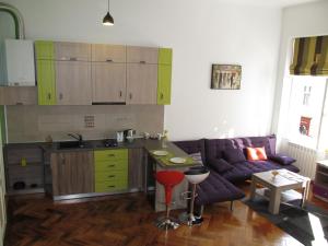 シビウにあるCity Spirit Sibiuの紫色のソファ付きのリビングルーム、キッチンが備わります。