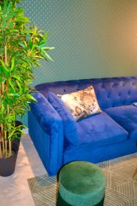 a blue couch in a living room with a plant at The Flowerhouse in Zandvoort
