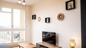salon z kominkiem i telewizorem w obiekcie Le Montbernage - Beautiful modern apartment w mieście Poitiers