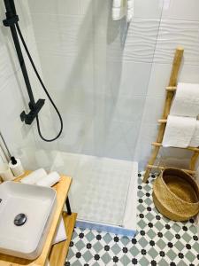 ein Bad mit einer Dusche und einem weißen Waschbecken in der Unterkunft Joli appartement en duplex, parking privé Hortillonage in Amiens
