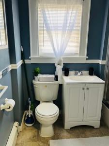 a bathroom with a toilet and a sink and a window at Cozy Room in Private Home in Irvington