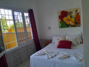 1 dormitorio con 1 cama con toallas en Hostel Damaris en Puerto Iguazú