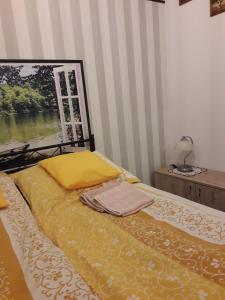 a bed with yellow sheets and a window with a view at Całoroczny Apartament u Grzegorza in Lidzbark