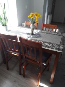 a table with two chairs and a vase with flowers on it at Całoroczny Apartament u Grzegorza in Lidzbark