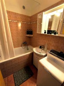La salle de bains est pourvue d'une baignoire, d'un lavabo et d'une baignoire. dans l'établissement Apartmán Green, à Nitra