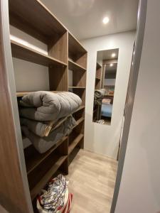 a walk in closet with wooden shelves and a mirror at Chez Greg et ilhem in Lège-Cap-Ferret