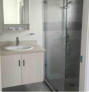 a bathroom with a sink and a shower with a mirror at Remarkable 2-Bed House in Discovery Bay in Discovery Bay