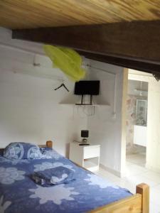a bedroom with a bed and a tv on a wall at STUDIO / HAUT DE VILLA / / VUE SUR MER / SALONORAT in Bouillante