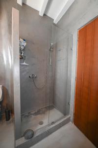 a shower with a glass door in a bathroom at Tinos Traditional Patio House in Arnados +8 photos