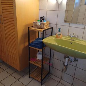 uma casa de banho com um lavatório verde e um espelho em Hyrdeskolen em Give