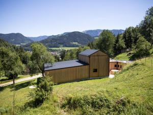 un gran edificio de madera en una colina junto a una carretera en Chalet Alte Schmiede, en Göstling an der Ybbs