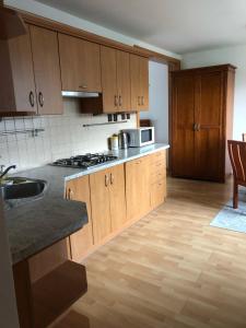 a kitchen with wooden cabinets and a counter top at Vila u Urbana in Havířov