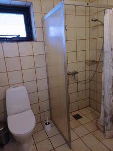 La salle de bains est pourvue d'une douche et de toilettes. dans l'établissement Hyrdeskolen, à Give