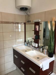 La salle de bains est pourvue d'un lavabo et d'un grand miroir. dans l'établissement River City Apartments, à Rijeka
