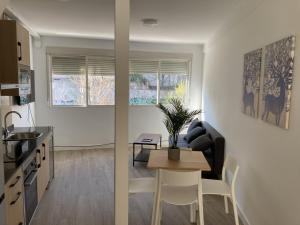 a kitchen and living room with a table and chairs at San Sebastián 6 Apartments in San Sebastián de los Reyes