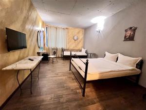 1 dormitorio con 1 cama, escritorio y TV en Хотел Антик, en Pernik