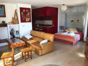 een woonkamer met een bank en een bed bij Loft acogedor con terraza y parking en el centro in Huesca