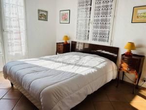 - une chambre avec un lit, une table et deux fenêtres dans l'établissement Maison Cambo-les-Bains, 4 pièces, 6 personnes - FR-1-495-29, à Cambo-les-Bains