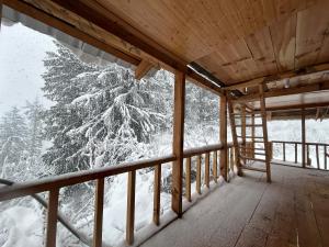een winteruitzicht vanaf de veranda van een hut met een met sneeuw bedekte boom bij Woodstock Villa Tulga in Kalgha