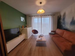 sala de estar con sofá y TV en L'Alambic à Martial en Ménétru-le-Vignoble