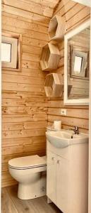 a bathroom with a toilet and a sink and a mirror at Wczasowa Gąska in Gąski +8 photos