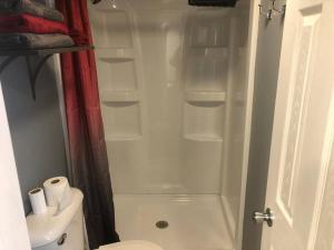 a bathroom with a shower and a toilet and a sink at Hockey Themed Room with Wooded Trails in Benzonia