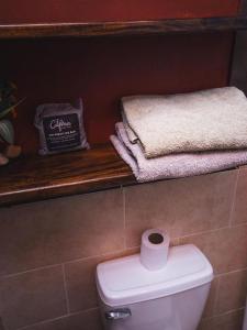 baño con aseo y toallas en un estante en Tía Mema Hostal, en Santa Ana