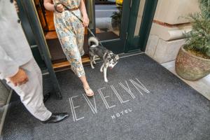 a woman walking a dog out of a door at The Evelyn NoMad in New York