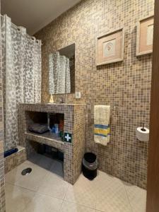 a bathroom with a shower and a sink and a mirror at Quinta da Vitoria in Sacavém