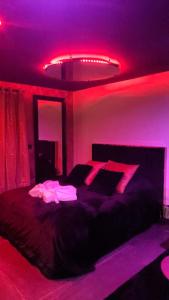 Dormitorio con cama con iluminación púrpura en La Secrète en Barlin