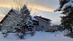 Una casa con un árbol de Navidad en la nieve en Agroturystyka Nad Cichą en Polanica-Zdrój