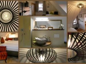 a collage of pictures of a bathroom with a sink at Pension Waldliesel in Dornstetten