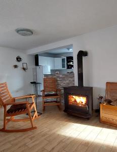 a living room with a wood stove in a room at Kuća za odmor Boki in Gospić
