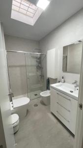 een badkamer met een douche, een toilet en een wastafel bij El Paraíso Retamar in Almería