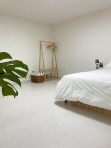 スウォンにあるYeomi Stayの白いベッドルーム(ベッド1台、植物付)