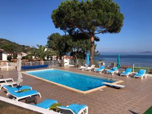 uma piscina com espreguiçadeiras e cadeiras e o oceano em Résidence Punta paliagi em Calcatoggio