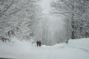 two people walking down a snow covered road at Sulle piste in Limone Piemonte