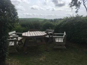 une table de pique-nique et deux bancs dans l'herbe dans l'établissement Knockanree Cottage-Quiet, tranquil country hideaway, à Avoca