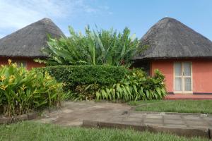 una casa con dos techos de paja y una planta en Acaki Lodge, en Kitgum