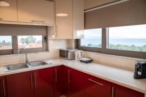 a kitchen with a sink and a microwave and two windows at Blue Diamond in Chrani