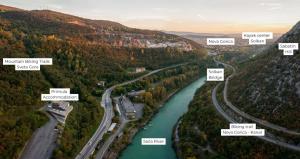 arial view of a river with roads and forests at Primula Accommodation in Nova Gorica