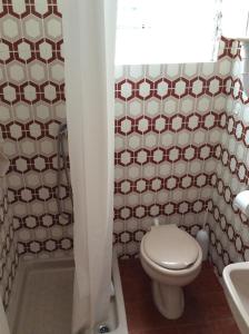 a bathroom with a toilet and a shower curtain at Apollon Apartments in Akrogiali