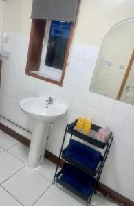 a bathroom with a sink and a mirror and a towel rack at Beautiful 3-Bed Bungalow in Bawtry Doncaster in Doncaster