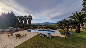a backyard with a pool and chairs and palm trees at Quinta Verde Sintra - Casa de Campo in Sintra
