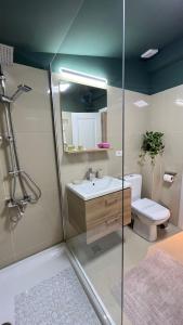 uma casa de banho com um chuveiro, um lavatório e um WC. em Luxury Room em Iaşi